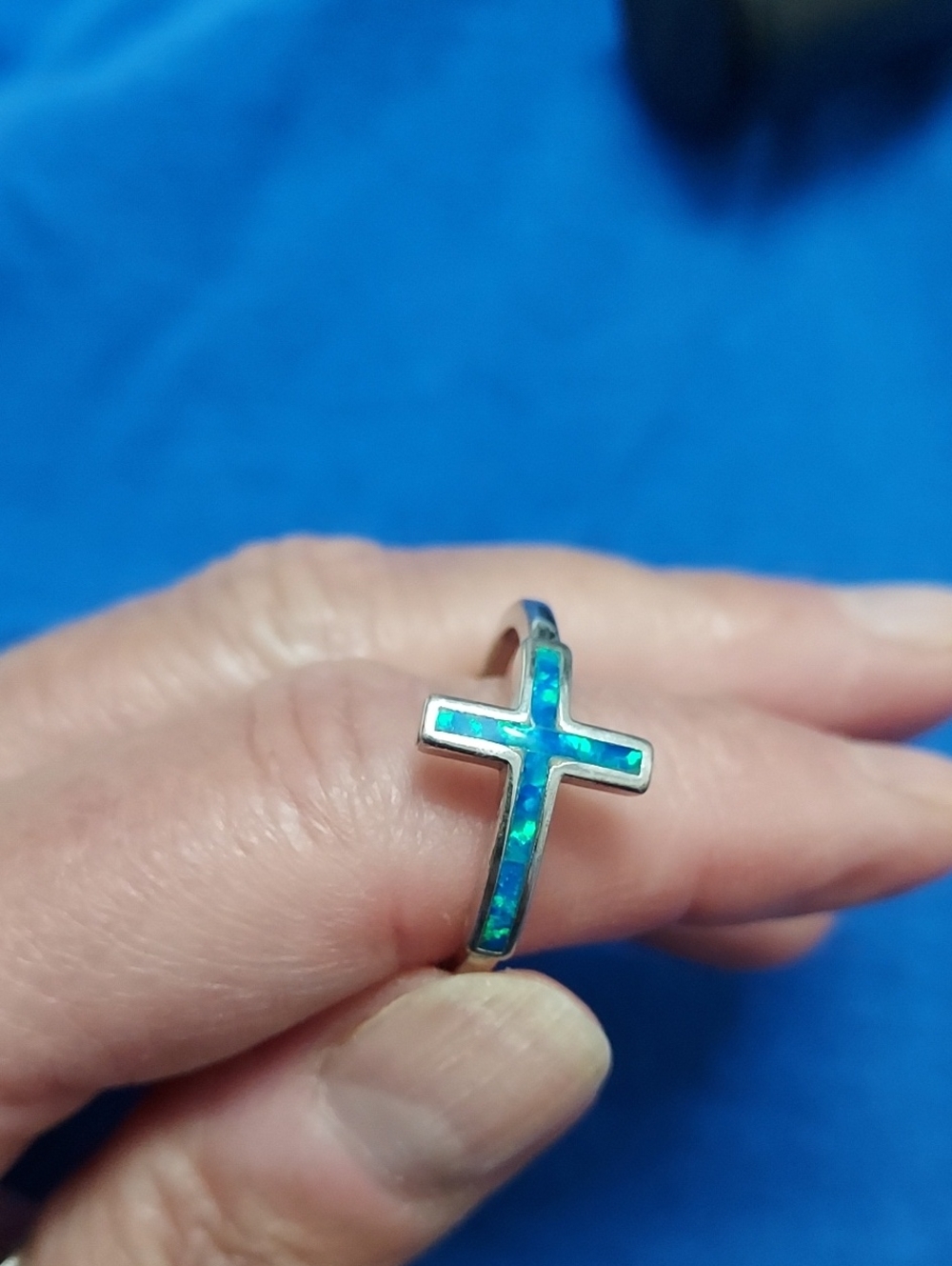 Sterling Cross Ring with Blue Opal Inlay - Women’s Jewelry